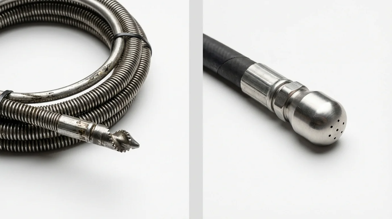Drain snake cable and hydro jetting nozzle used for drain cleaning in Peabody, MA