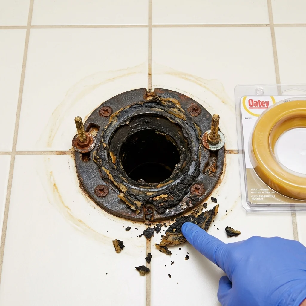 Failed wax ring showing water seepage at the base of a toilet in a Peabody, MA home