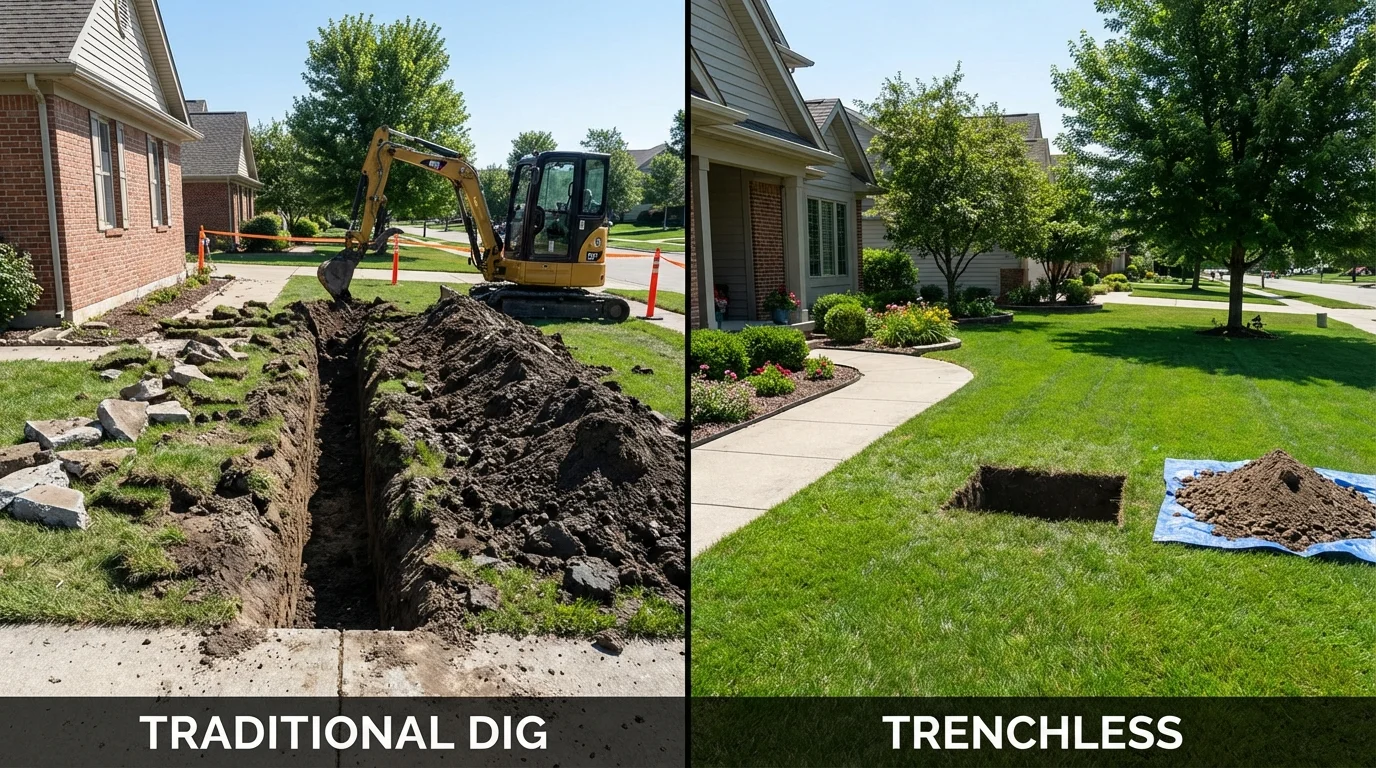 Trenchless sewer repair with minimal yard damage versus traditional excavation in Peabody, MA